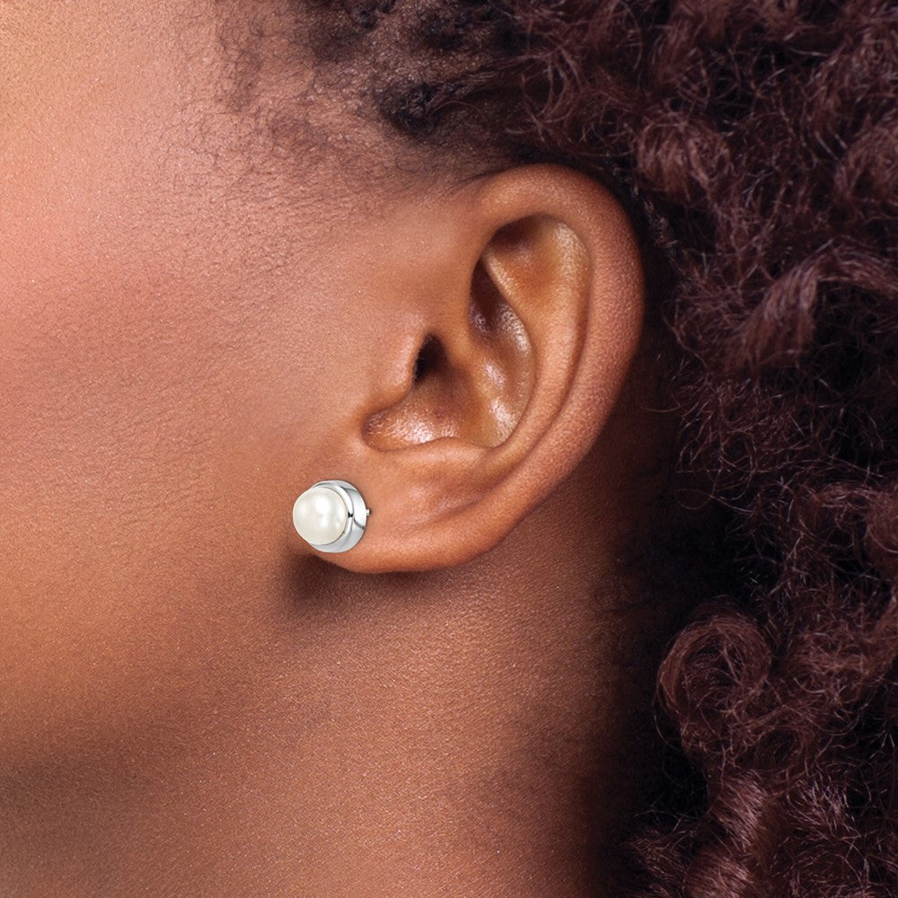 sterling Silver Rhod-plat 7-8mm White Button FWC Pearl Earrings