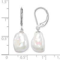 Sterling Silver RH-plated 11-12mm Keshi Pearl Leverback Dangle Earrings