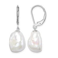 Sterling Silver RH-plated 11-12mm Keshi Pearl Leverback Dangle Earrings