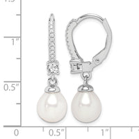 Sterling Silver RH-plated 7-8mm FWC Pearl & CZ Leverback Dangle Earrings