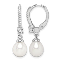 Sterling Silver RH-plated 7-8mm FWC Pearl & CZ Leverback Dangle Earrings