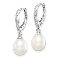 Sterling Silver RH-plated White 7-8mm FWC Pearl & CZ Leverback Earrings