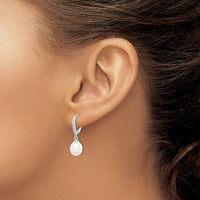 Sterling Silver RH-plated White 7-8mm FWC Pearl & CZ Leverback Earrings