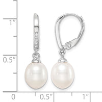 Sterling Silver RH-plated White 7-8mm FWC Pearl & CZ Leverback Earrings