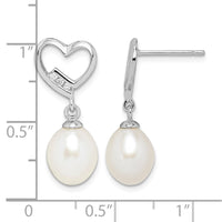 Sterling Silver Rhodium-plated 7-8mm Rice FWC Pearl CZ Heart Earrings