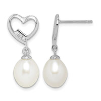 Sterling Silver Rhodium-plated 7-8mm Rice FWC Pearl CZ Heart Earrings