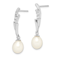 Sterling Silver Rhodium-plated 7-8mm White Rice FWC Pearl CZ Earrings