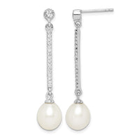 Sterling Silver Rhodium-plated 8-9mm White Rice FWC Pearl CZ Earrings