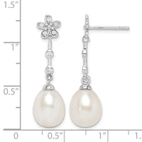 Sterling Silver Rhodium-plated 8-9mm White Rice FWC Pearl CZ Earrings