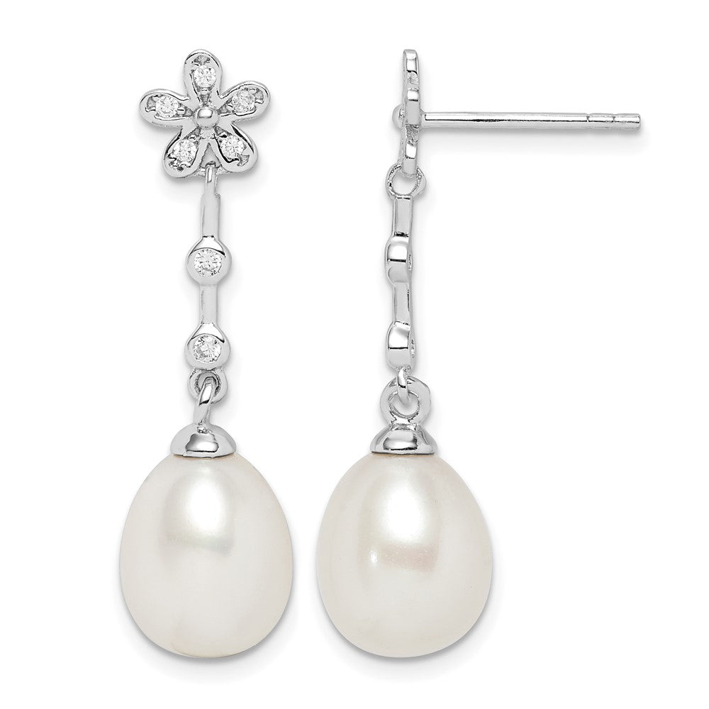 Sterling Silver Rhodium-plated 8-9mm White Rice FWC Pearl CZ Earrings