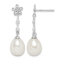 Sterling Silver Rhodium-plated 8-9mm White Rice FWC Pearl CZ Earrings