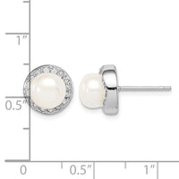 Sterling Silver Rhod-plat 7-8mm White Button FWC Pearl CZ Earrings
