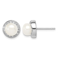 Sterling Silver Rhod-plat 7-8mm White Button FWC Pearl CZ Earrings