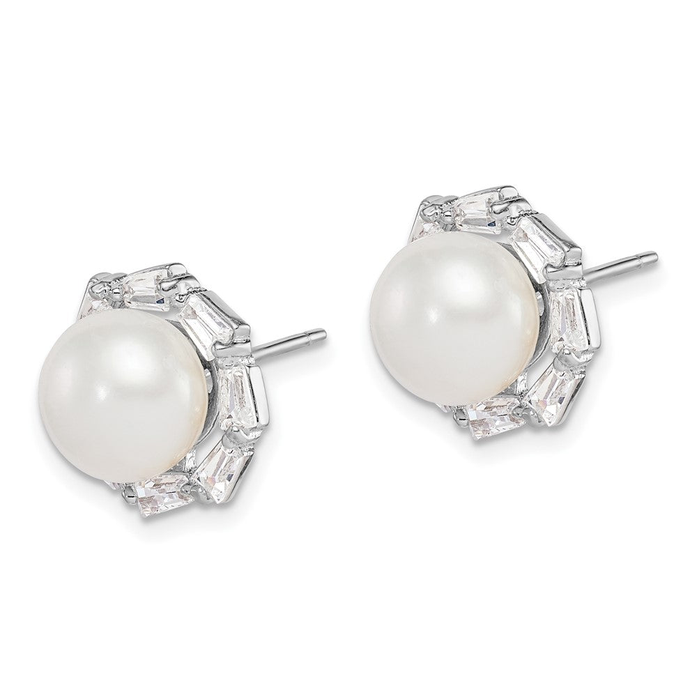 Sterling Silver Rhod-plat 8-9mm White Button FWC Pearl CZ Earrings