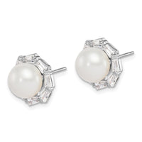 Sterling Silver Rhod-plat 8-9mm White Button FWC Pearl CZ Earrings