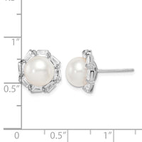 Sterling Silver Rhod-plat 8-9mm White Button FWC Pearl CZ Earrings