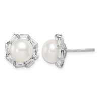 Sterling Silver Rhod-plat 8-9mm White Button FWC Pearl CZ Earrings