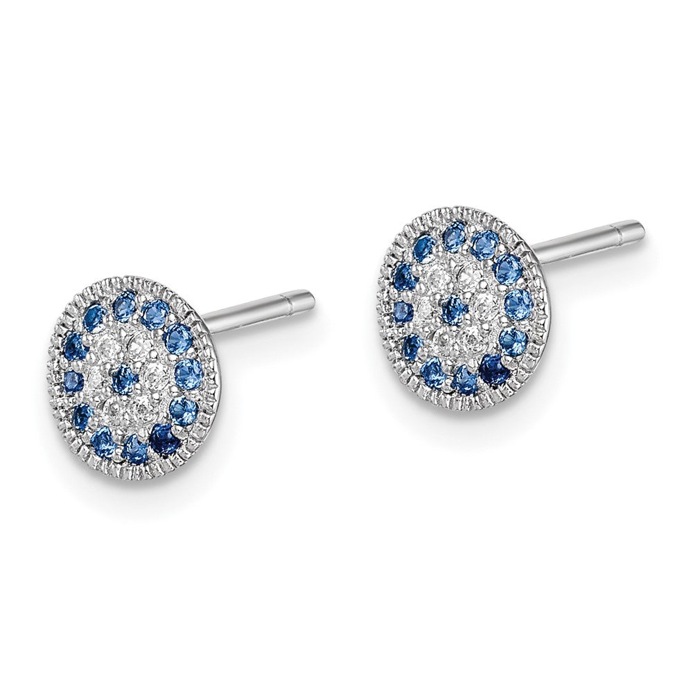 Sterling Silver Rhodium plated Blue Spinel and Clear CZ Post Earrings