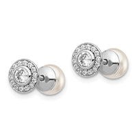 Sterling Silver RH-plated Polished MOP & CZ Halo Reversible Post Earrings