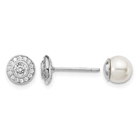 Sterling Silver RH-plated Polished MOP & CZ Halo Reversible Post Earrings