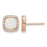 Sterling Silver Rose-Tone Created Opal & CZ Square Halo Post Earrings