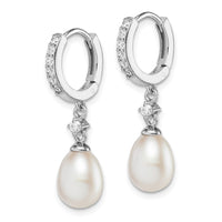 Sterling Silver Rhodium-plated 7-8mm FWC Pearl CZ Hoop Dangle Earrings