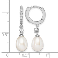 Sterling Silver Rhodium-plated 7-8mm FWC Pearl CZ Hoop Dangle Earrings