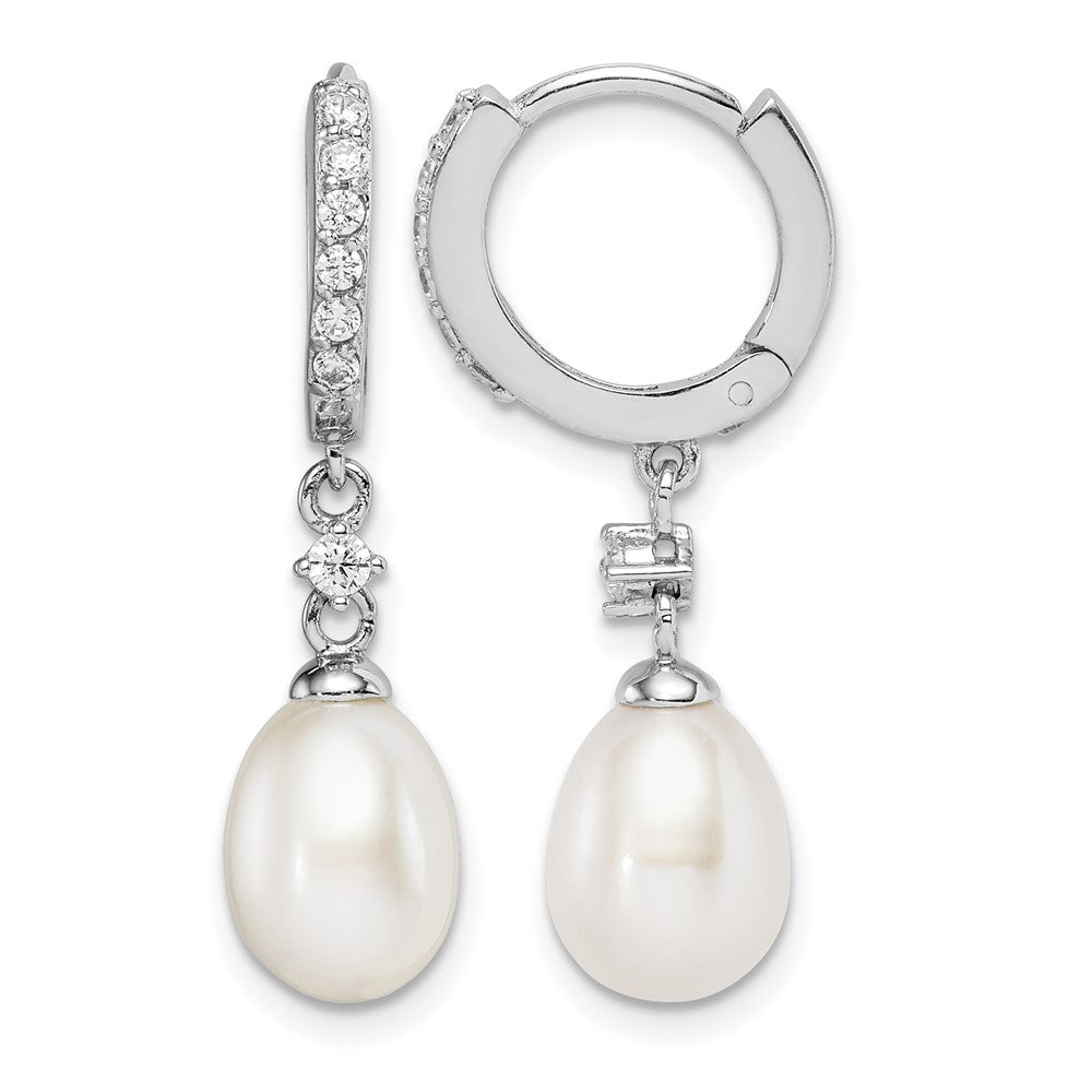 Sterling Silver Rhodium-plated 7-8mm FWC Pearl CZ Hoop Dangle Earrings