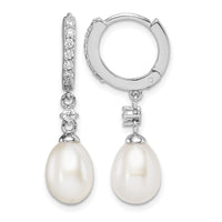 Sterling Silver Rhodium-plated 7-8mm FWC Pearl CZ Hoop Dangle Earrings