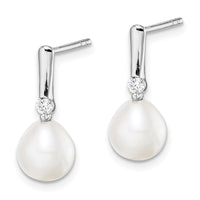 Sterling Silver Rhodium-plated 7-8mm Rice FWC Pearl CZ Dangle Earrings