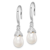 Sterling Silver Rhodium-plated 7-8mm FWC Pearl & CZ Dangle Earrings