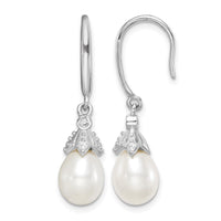 Sterling Silver Rhodium-plated 7-8mm FWC Pearl & CZ Dangle Earrings