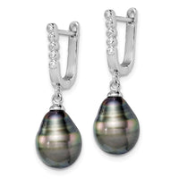 Sterling Silver Rhodium-plated 9-10mm Tahitian Pearl CZ Dangle Earrings