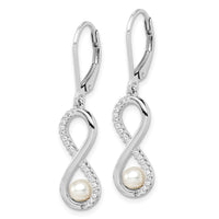 Sterling Silver RH-plated 4-5mm FWC Pearl & CZ Infinity Leverback Earrings
