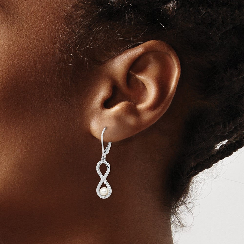 Sterling Silver RH-plated 4-5mm FWC Pearl & CZ Infinity Leverback Earrings