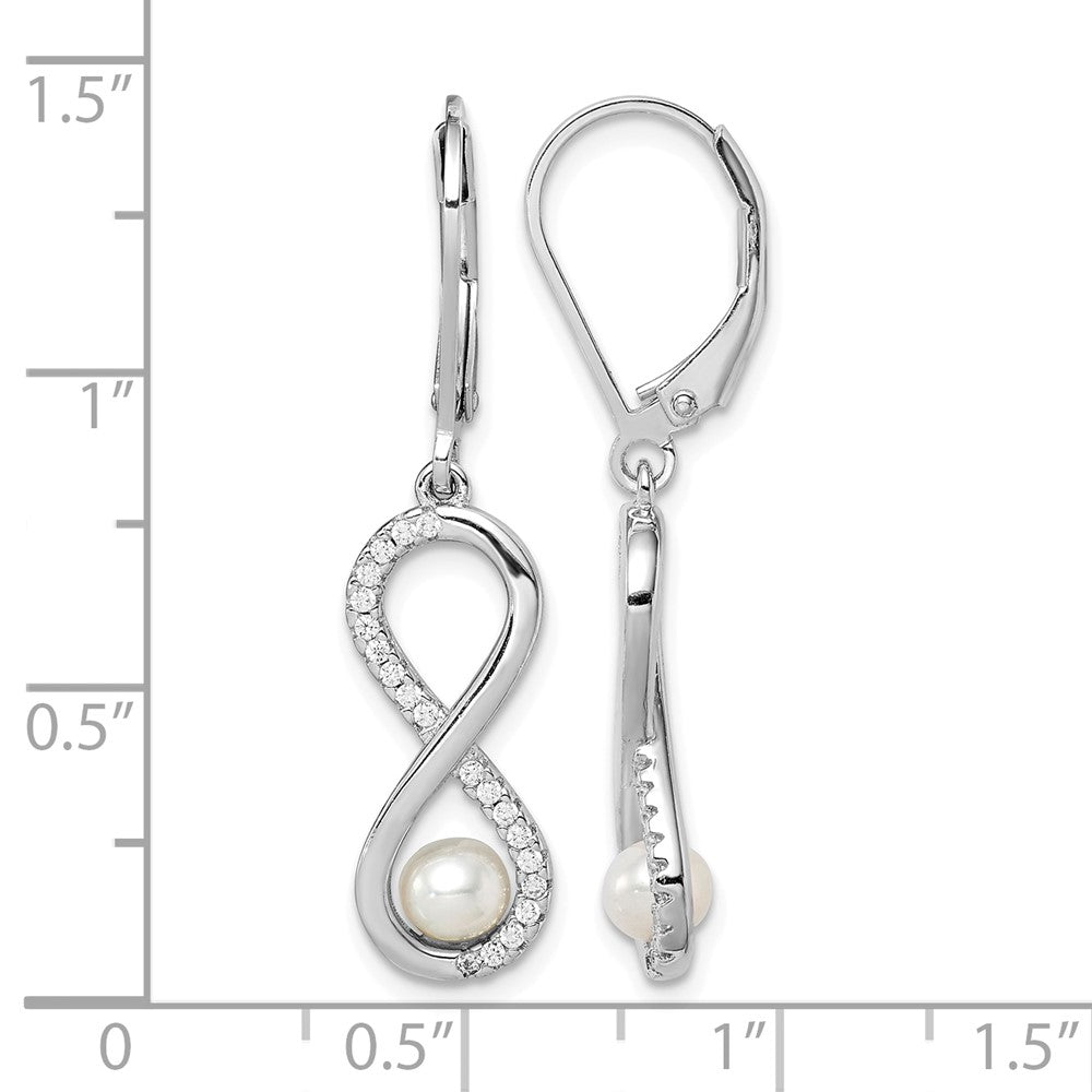 Sterling Silver RH-plated 4-5mm FWC Pearl & CZ Infinity Leverback Earrings
