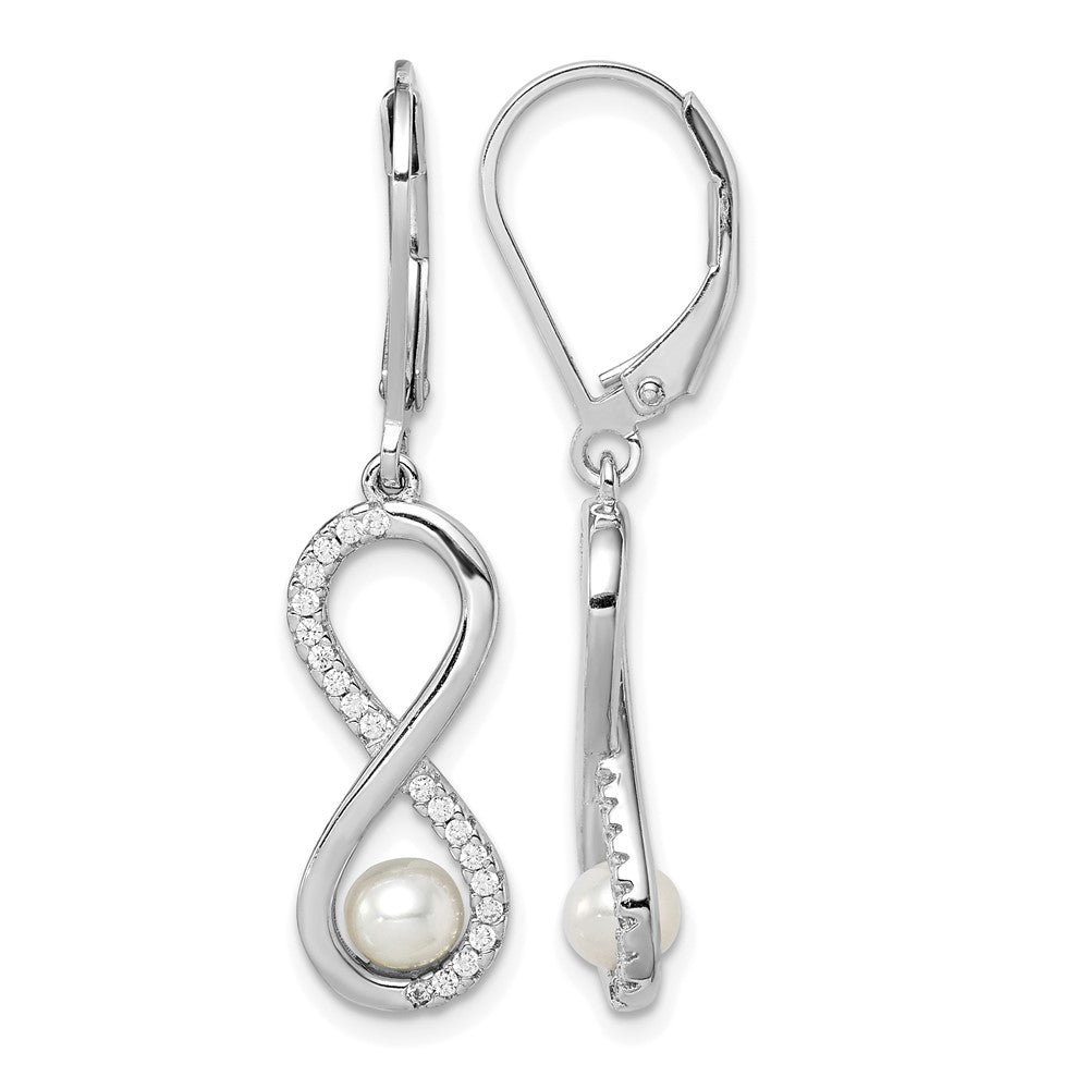 Sterling Silver RH-plated 4-5mm FWC Pearl & CZ Infinity Leverback Earrings