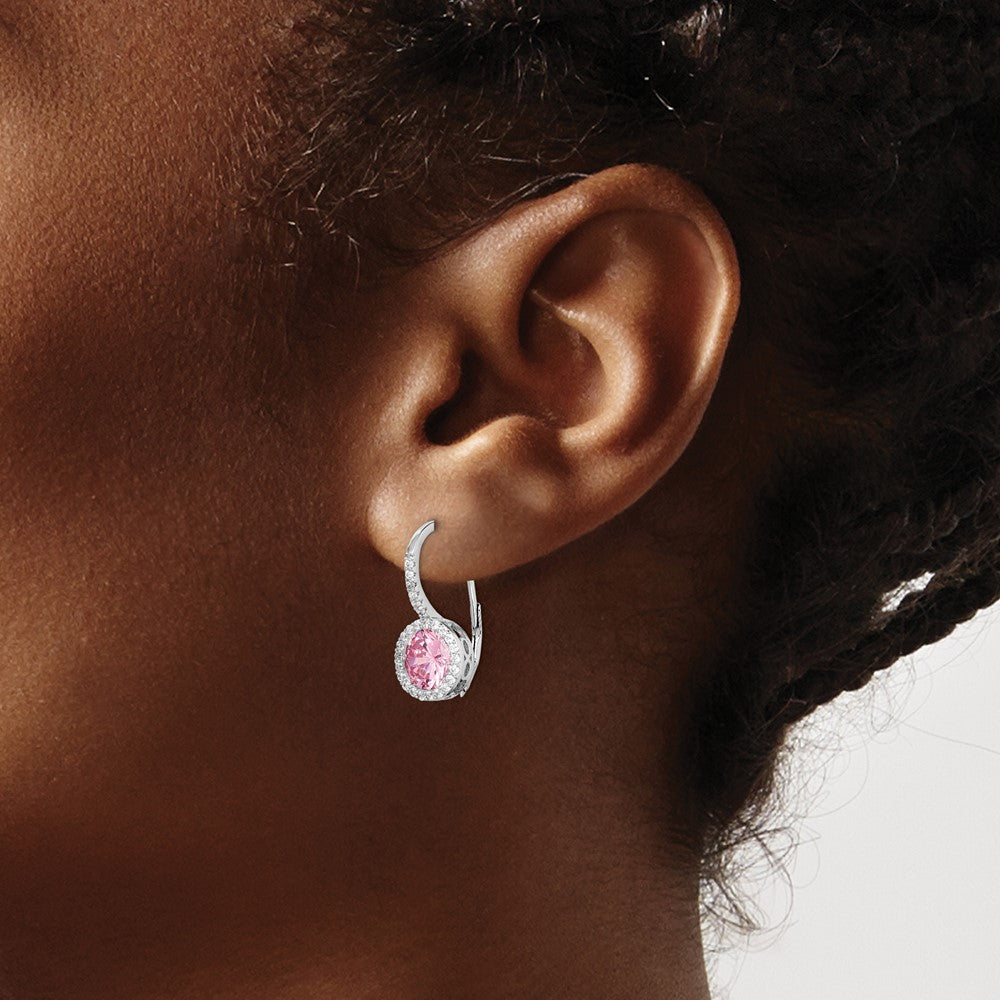 Sterling Silver RH-plated Polished Pink & White CZ Halo Leverback Earrings