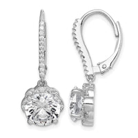 Sterling Silver Rhodium-plated Polished CZ Flower Leverback Earrings