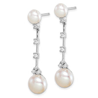 Sterling Silver Rhodium-plated CZ FWC Button Pearl Dangle Post Earrings