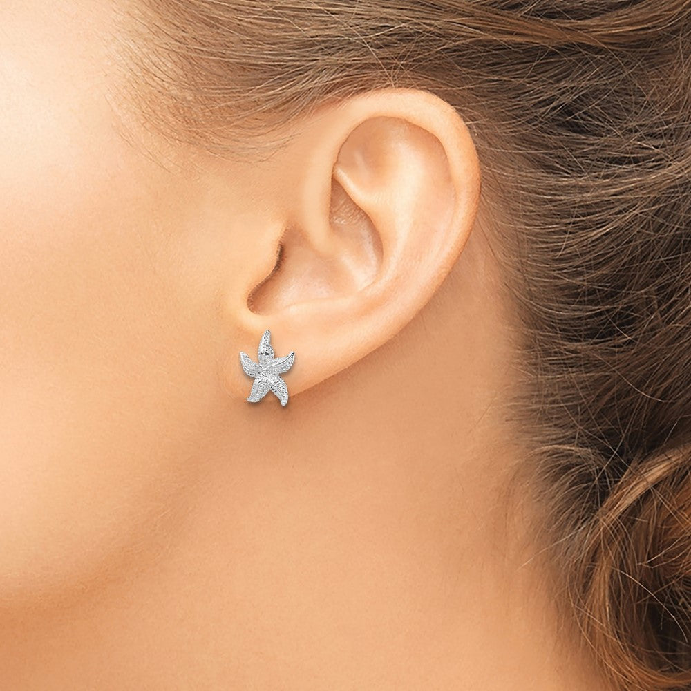 Sterling Silver Rhodium-plated Polished Starfish Post Earrings