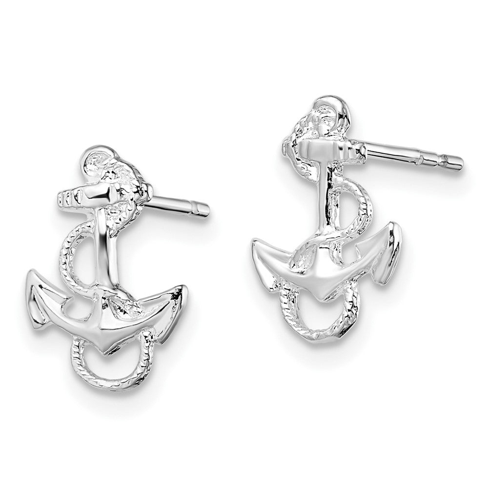 Sterling Silver Rhodium-plated Polished Anchor w/Rope Post Earrings
