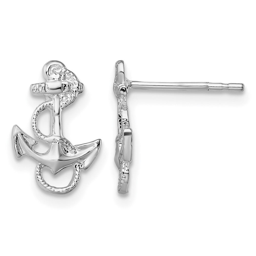 Sterling Silver Rhodium-plated Polished Anchor w/Rope Post Earrings