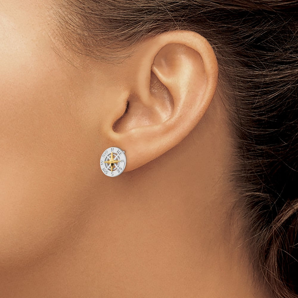 Sterling Silver Rhodium-plated Mini Compass w/14k Needle Post Earrings