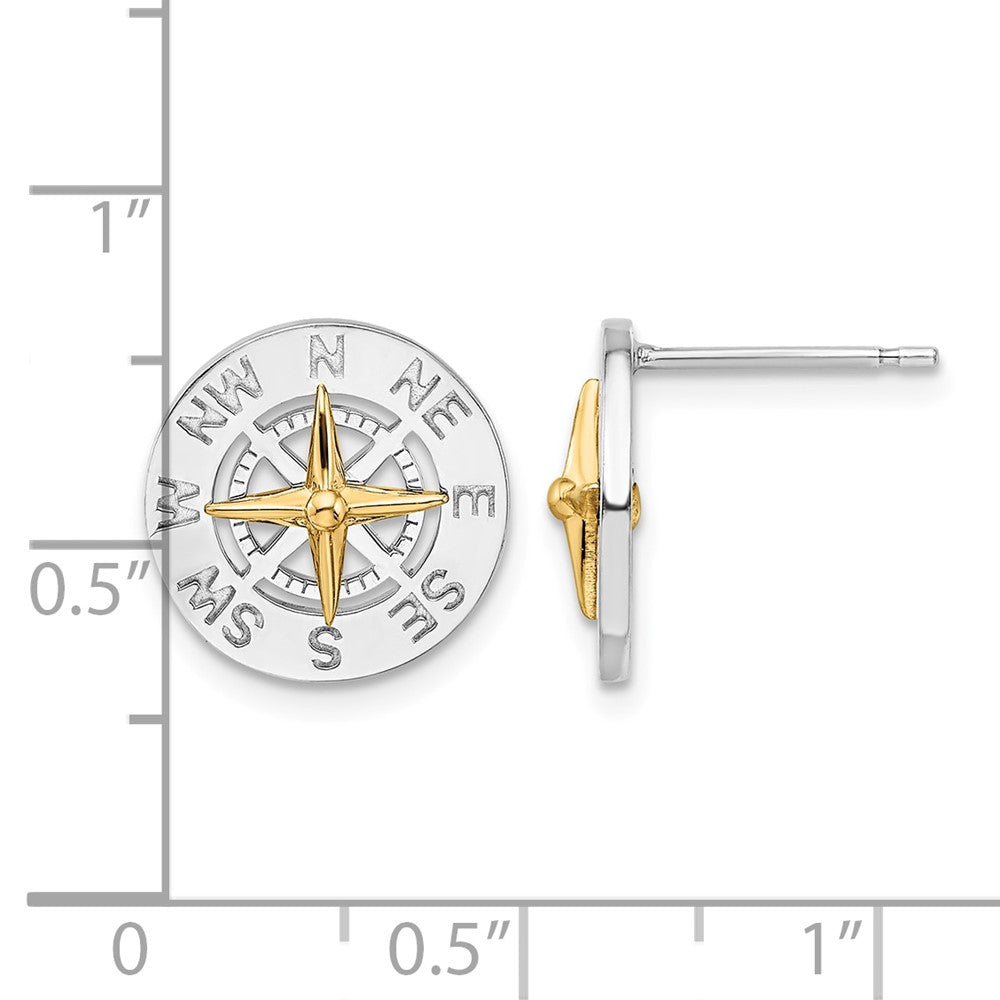 Sterling Silver Rhodium-plated Mini Compass w/14k Needle Post Earrings