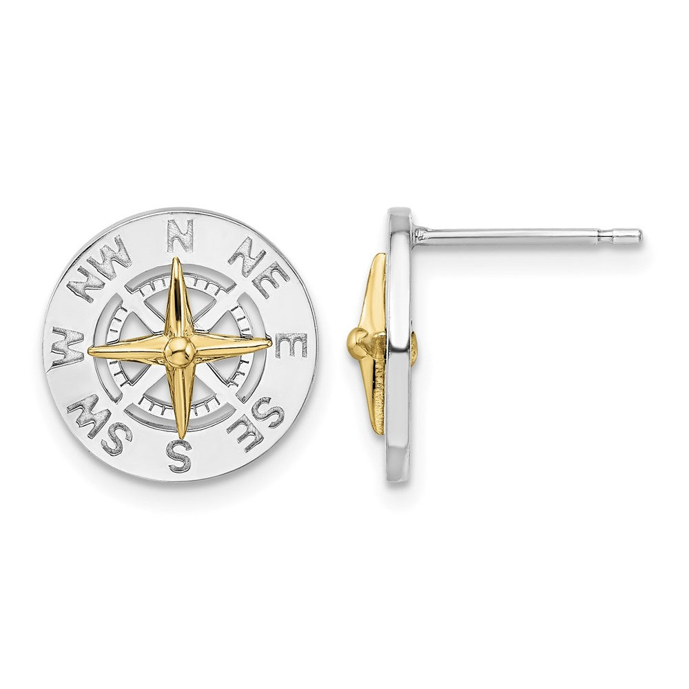 Sterling Silver Rhodium-plated Mini Compass w/14k Needle Post Earrings