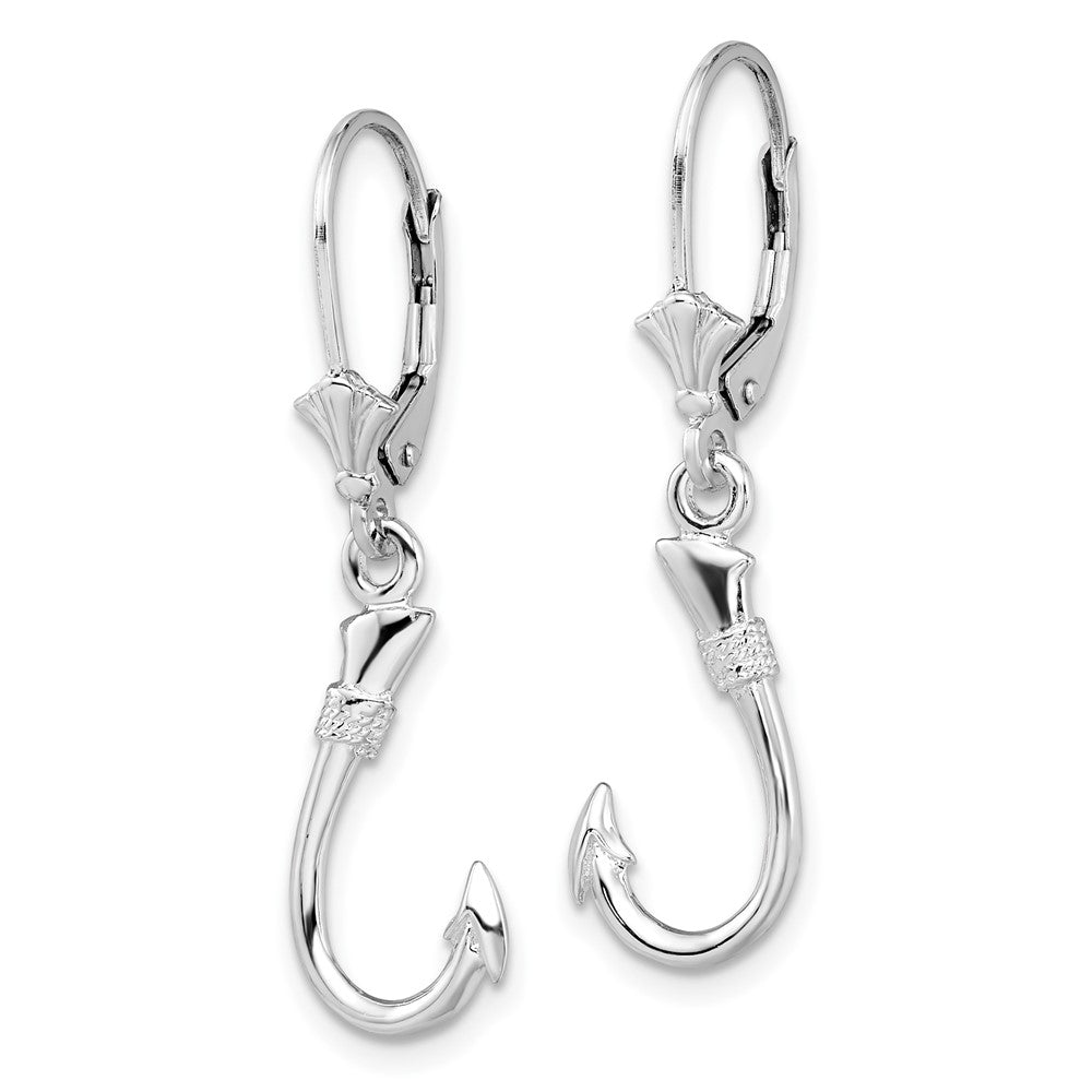 Sterling Silver Rhodium-plated Polished 3D Fish Hook Leverback Earrings
