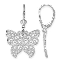 Sterling Silver Rhod-plated Polished Filigree Butterfly Leverback Earrings