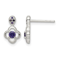 Sterling Silver Polished Purple CZ Flower Post Dangle Earrings