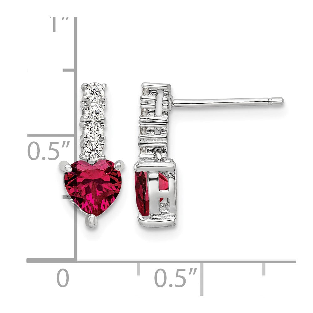 Sterling Silver Polish Rhod-plated Created Ruby Heart Post Dangle Earrings